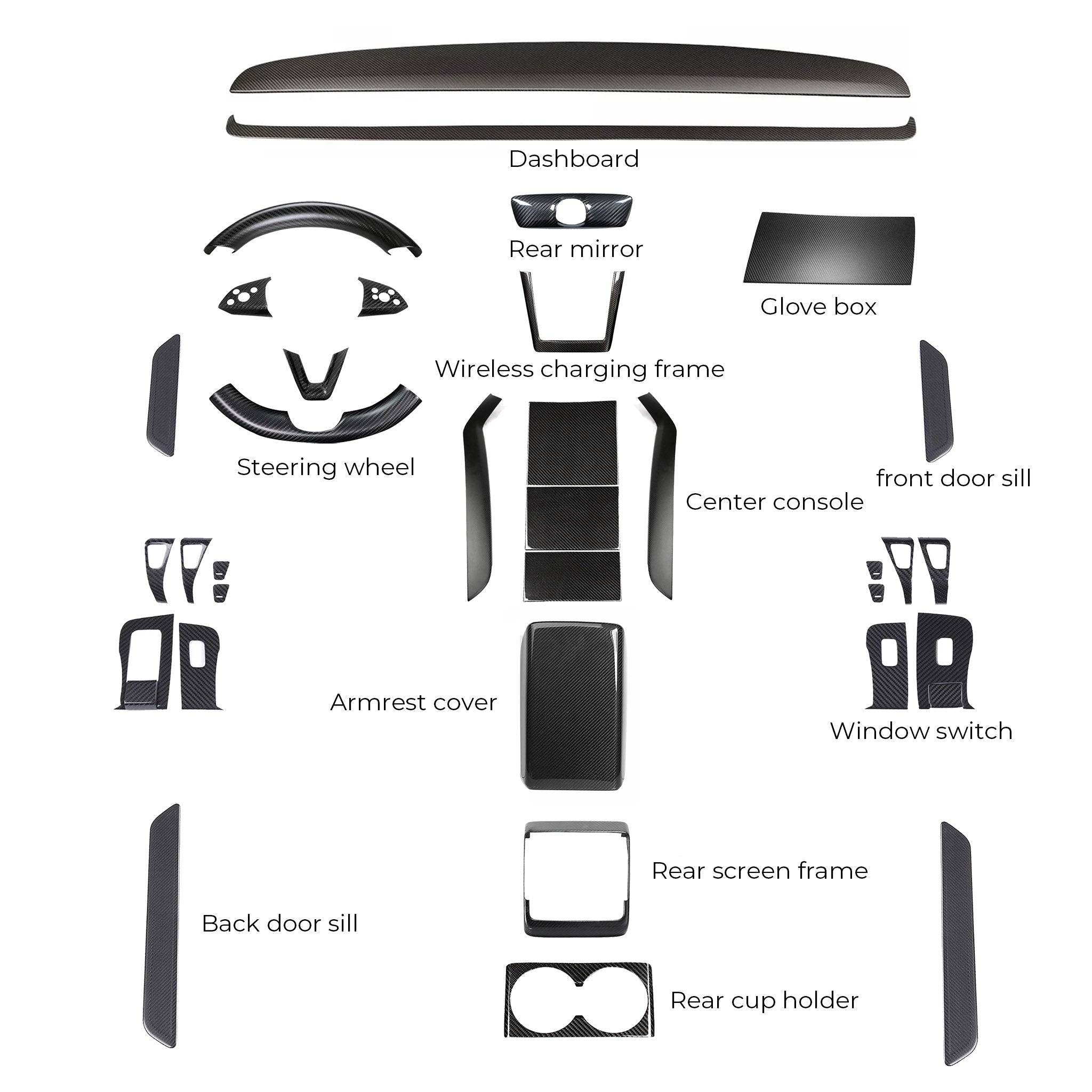 2024+ Tesla Model 3 Interior Carbon Fiber Full Kit (33 Piece) Real Dry Molded Carbon Fiber