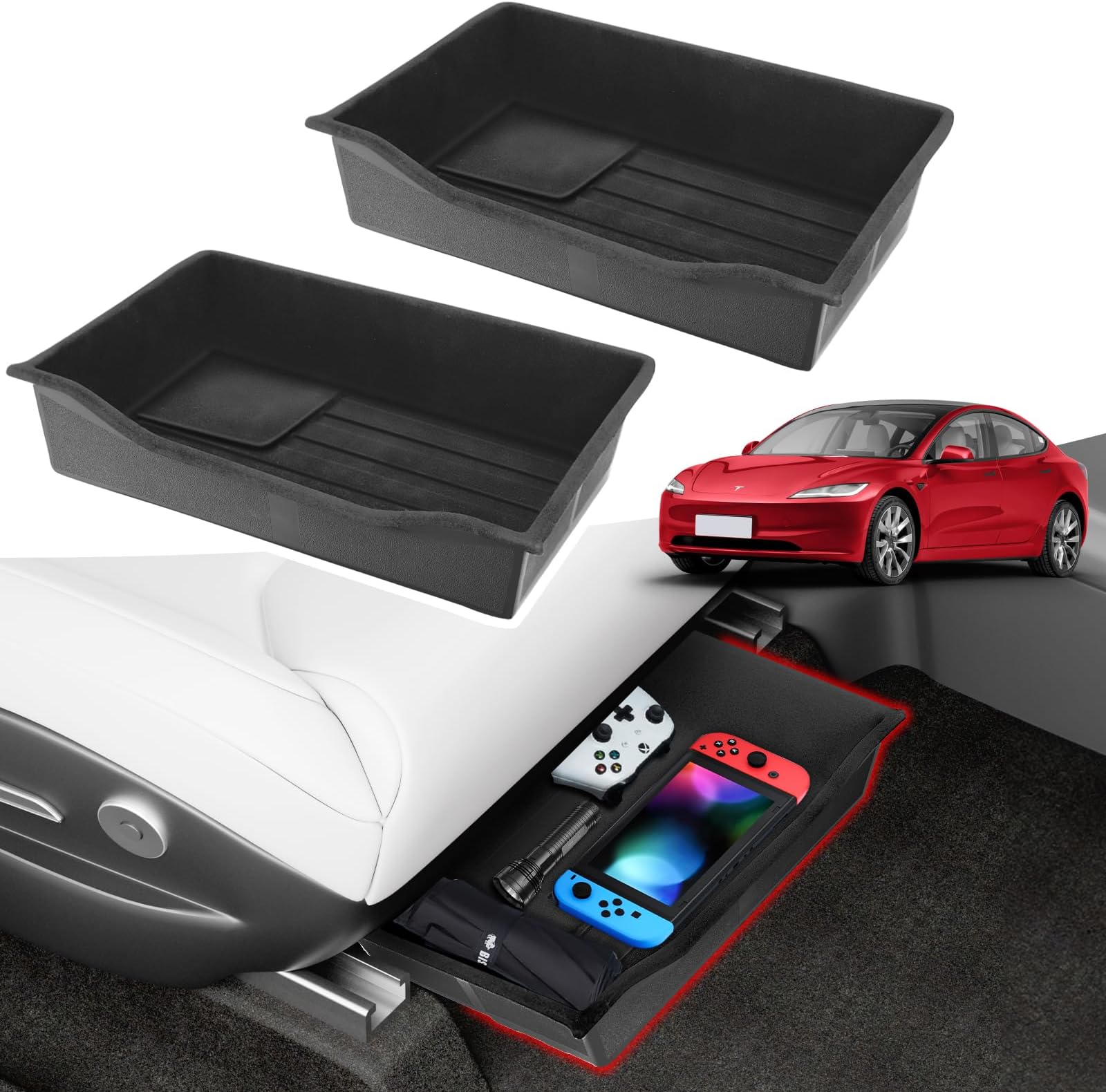 Tesla Model Y/X Custom-Fit Under-Seat Storage Box Organizer – ABS Flocked Interior, Drawer-Style Design